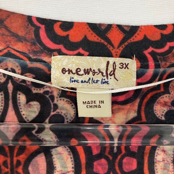 One World size 3X Red Brown Boho Artsy Flutter Sleeve Blouse Vacation Festival - Picture 2 of 9